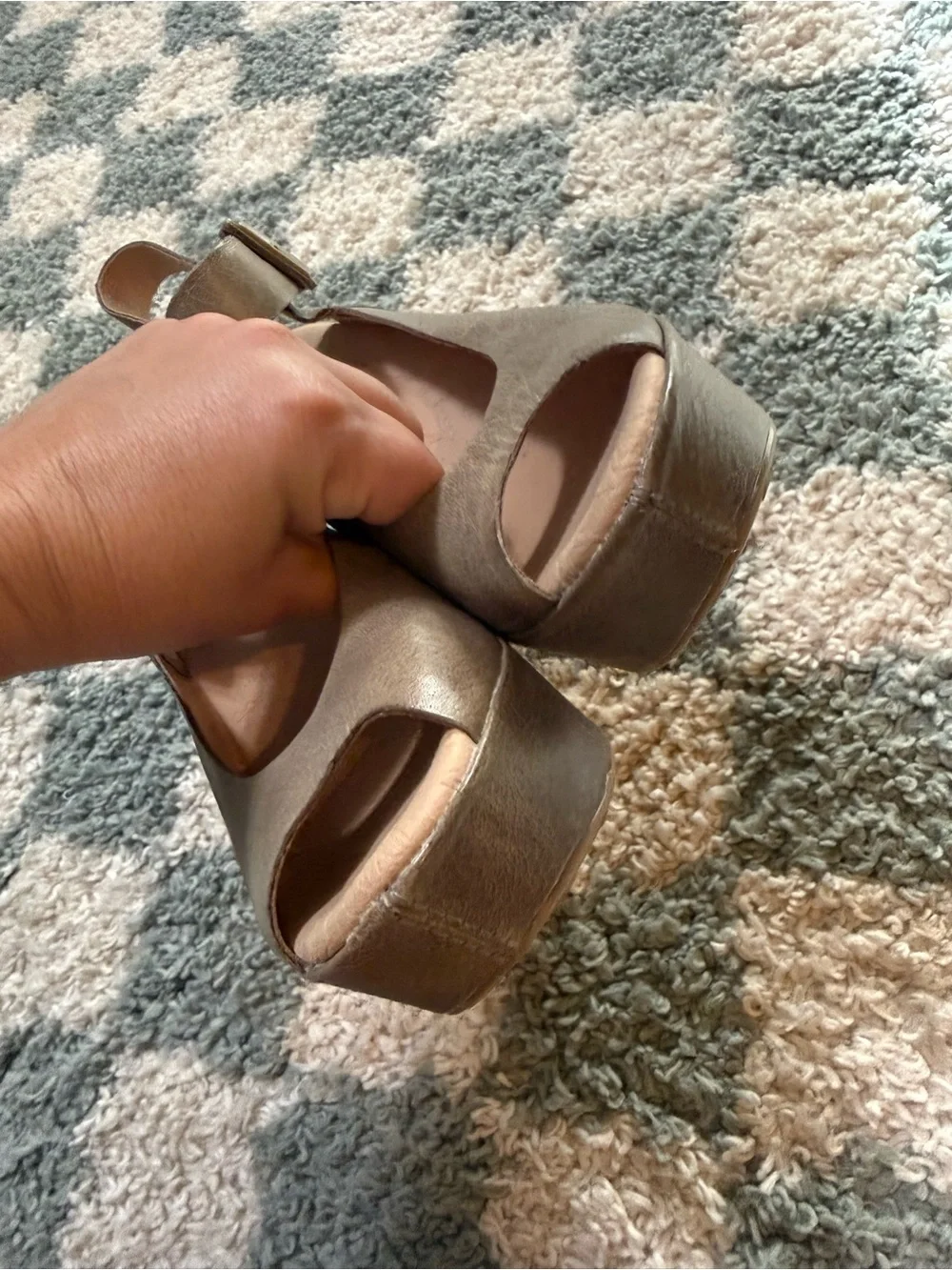 Kork-Ease Taupe Tan Wedge Peep Toe Sandals Ankle Buckle Strap Summer Leather 7